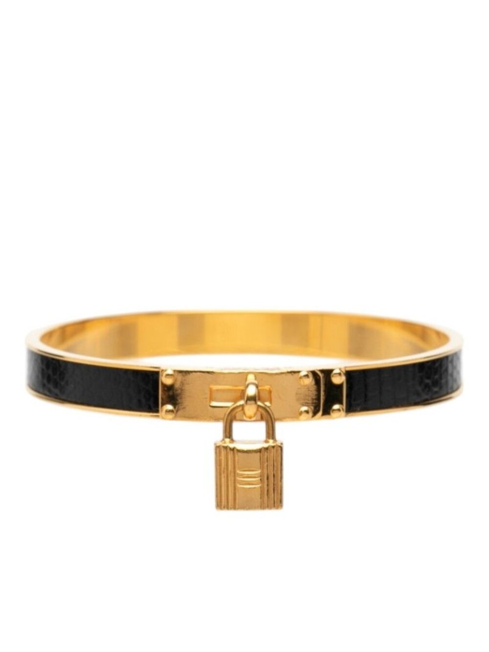 Hermes Kelly Bangle Cadena Motif Gold Black Plated Leather Bracelet